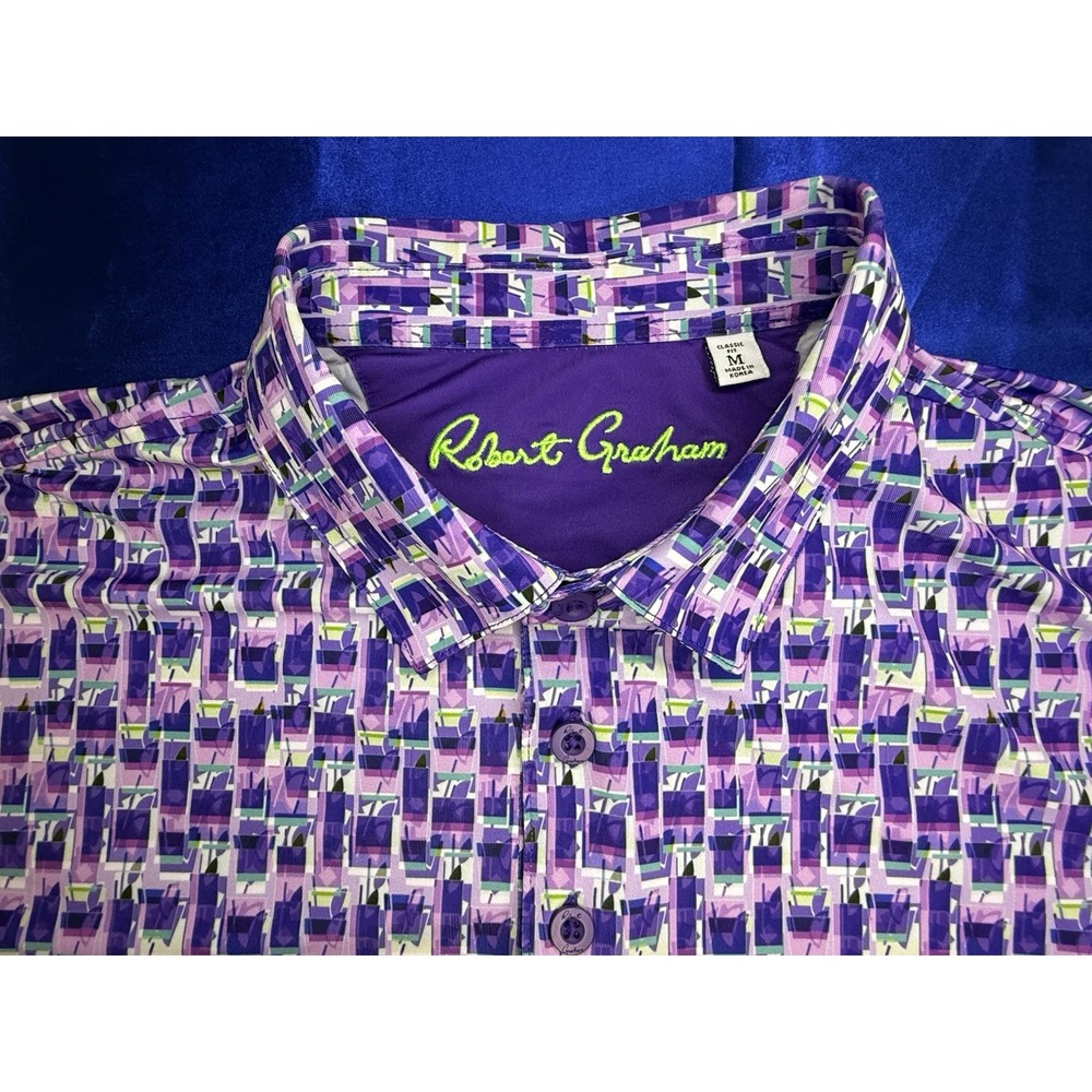 Robert Graham Polo Men's Medium Purple Cocktail Print Classic Fit Stretch - Golf